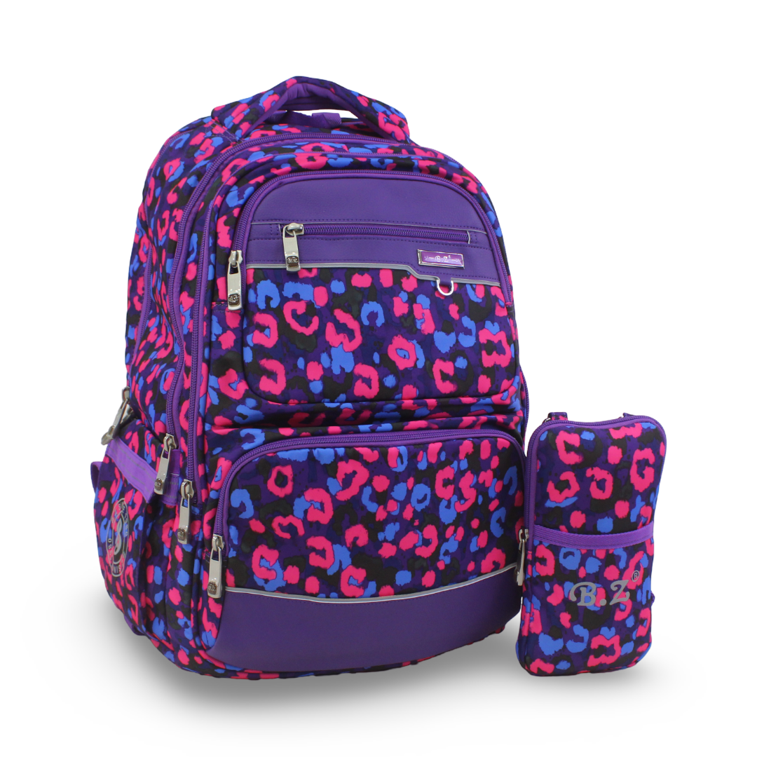 BZ Leopard Backpack with Trolley Sleeve 20 Inches + Pencil Case – Purple