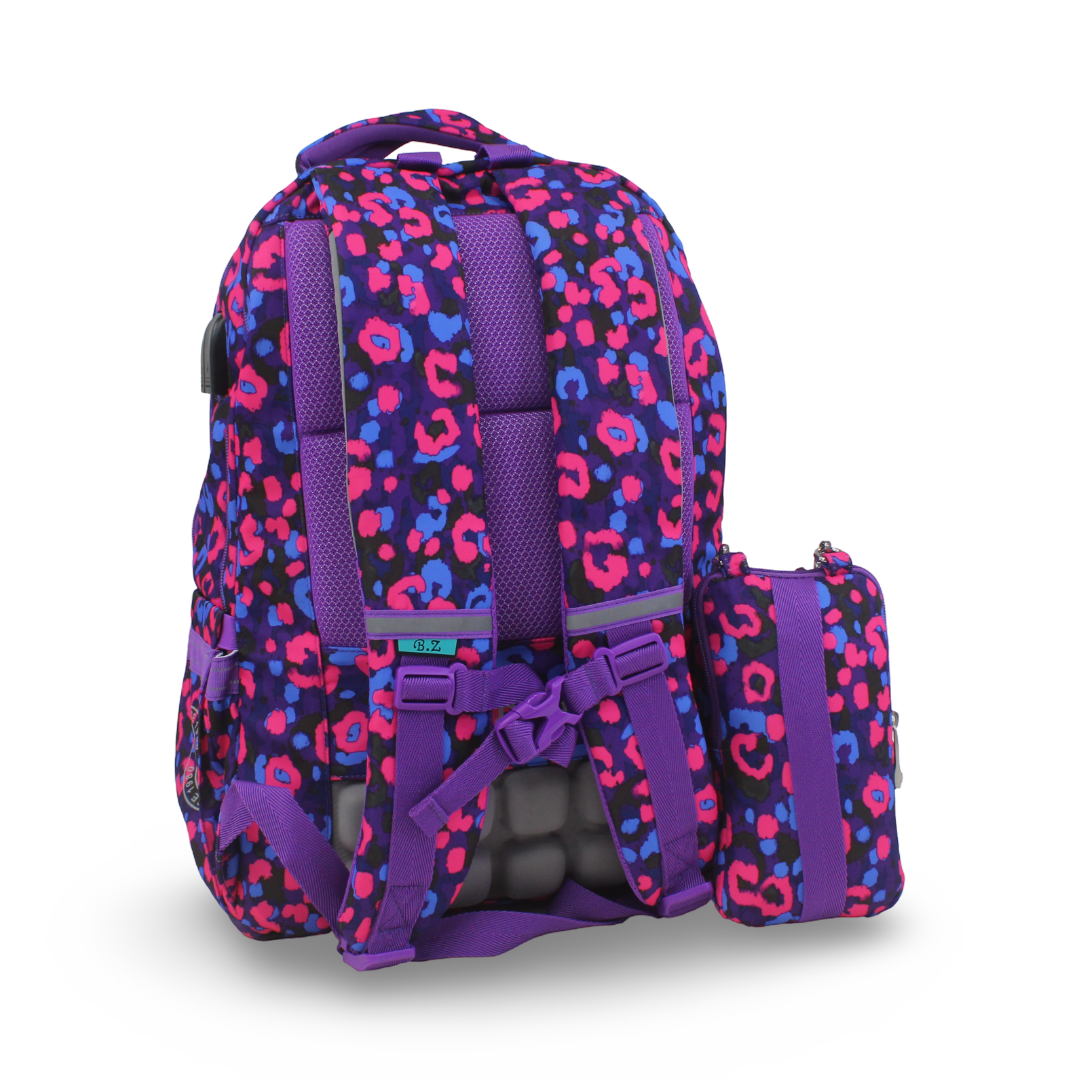 BZ Leopard Backpack with Trolley Sleeve 20 Inches + Pencil Case – Purple