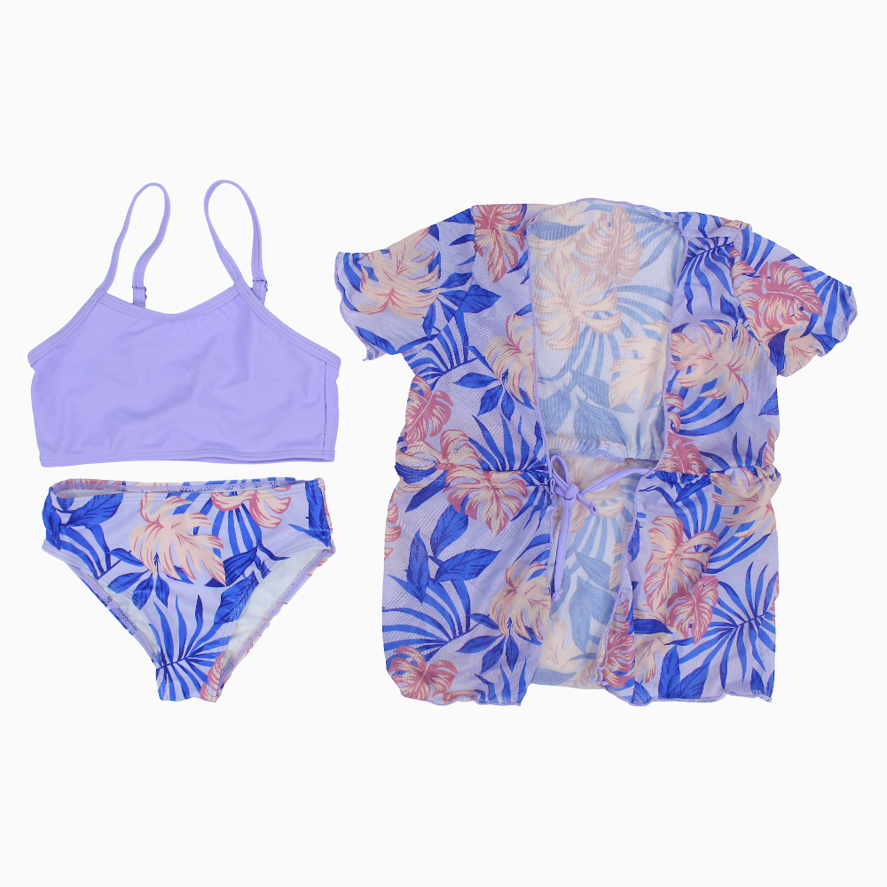 Girls 3-Piece Swimsuit – Purple with Floral Print