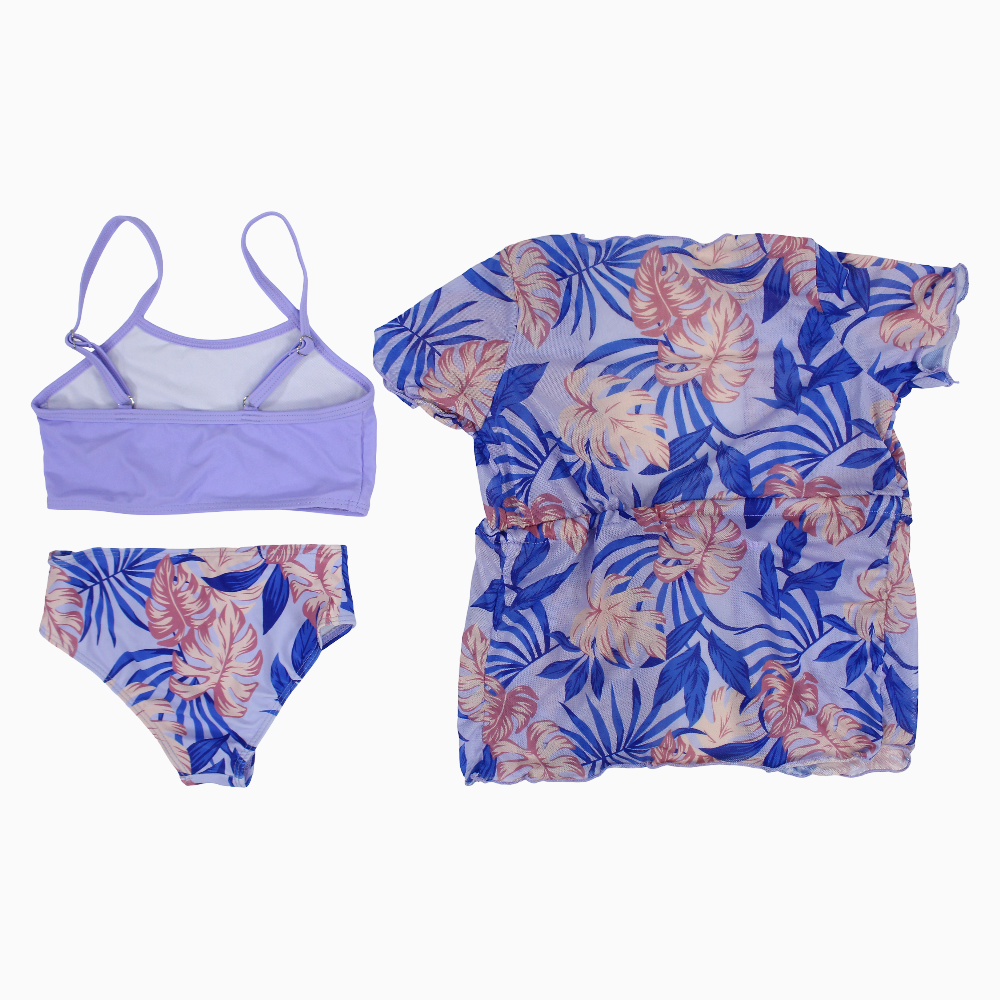 Girls 3-Piece Swimsuit – Purple with Floral Print