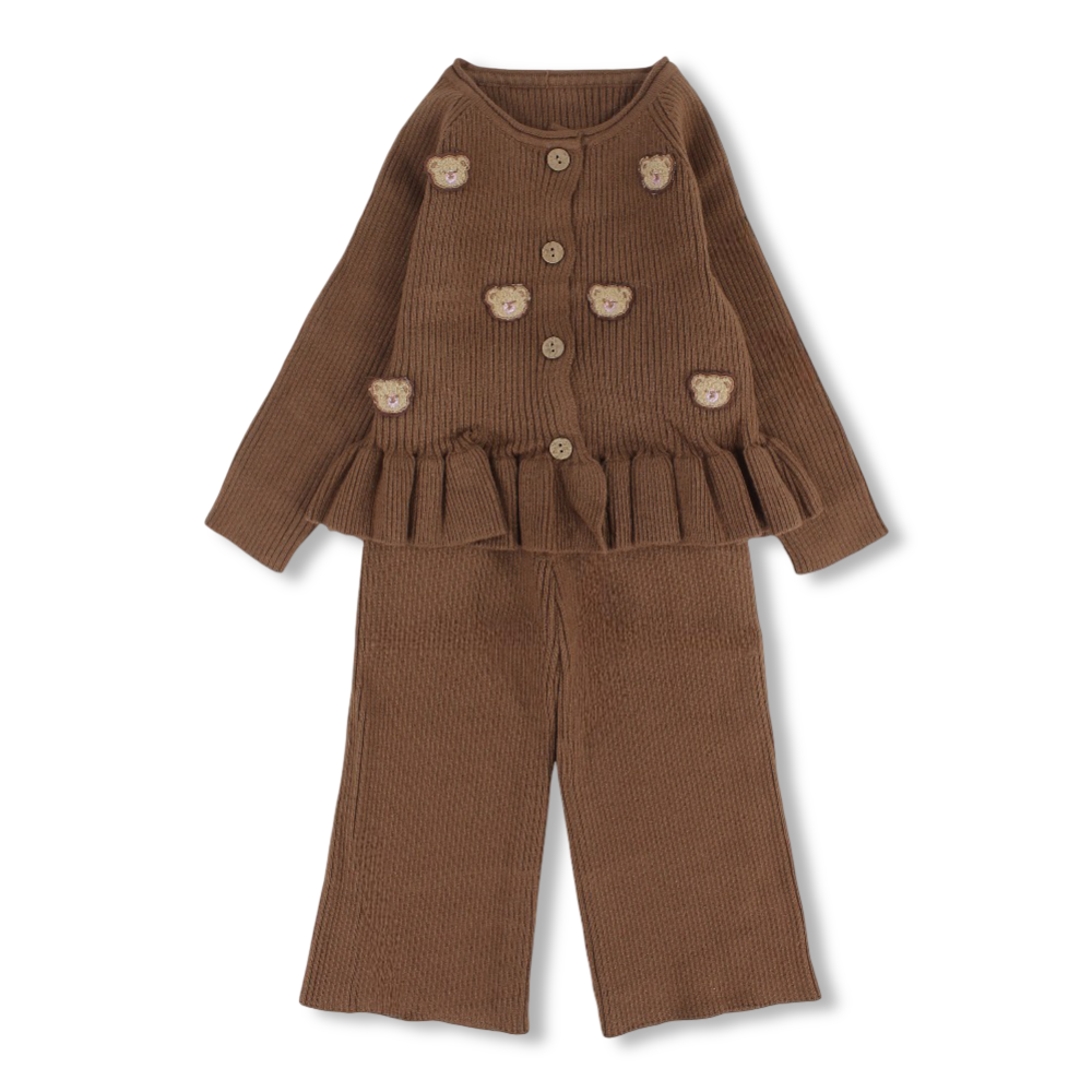 Girls Wool 2-Piece Outfit Set – Brown with Teddy Bear Details