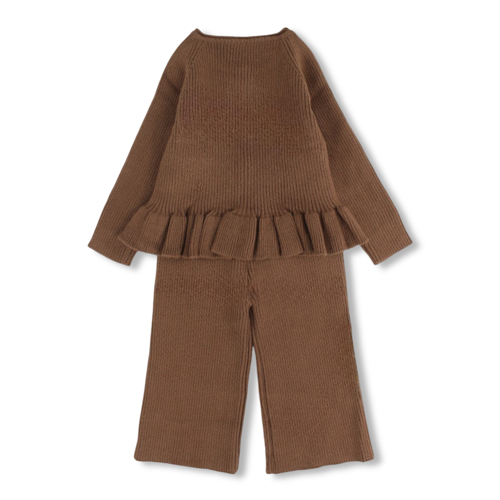Girls Wool 2-Piece Outfit Set – Brown with Teddy Bear Details