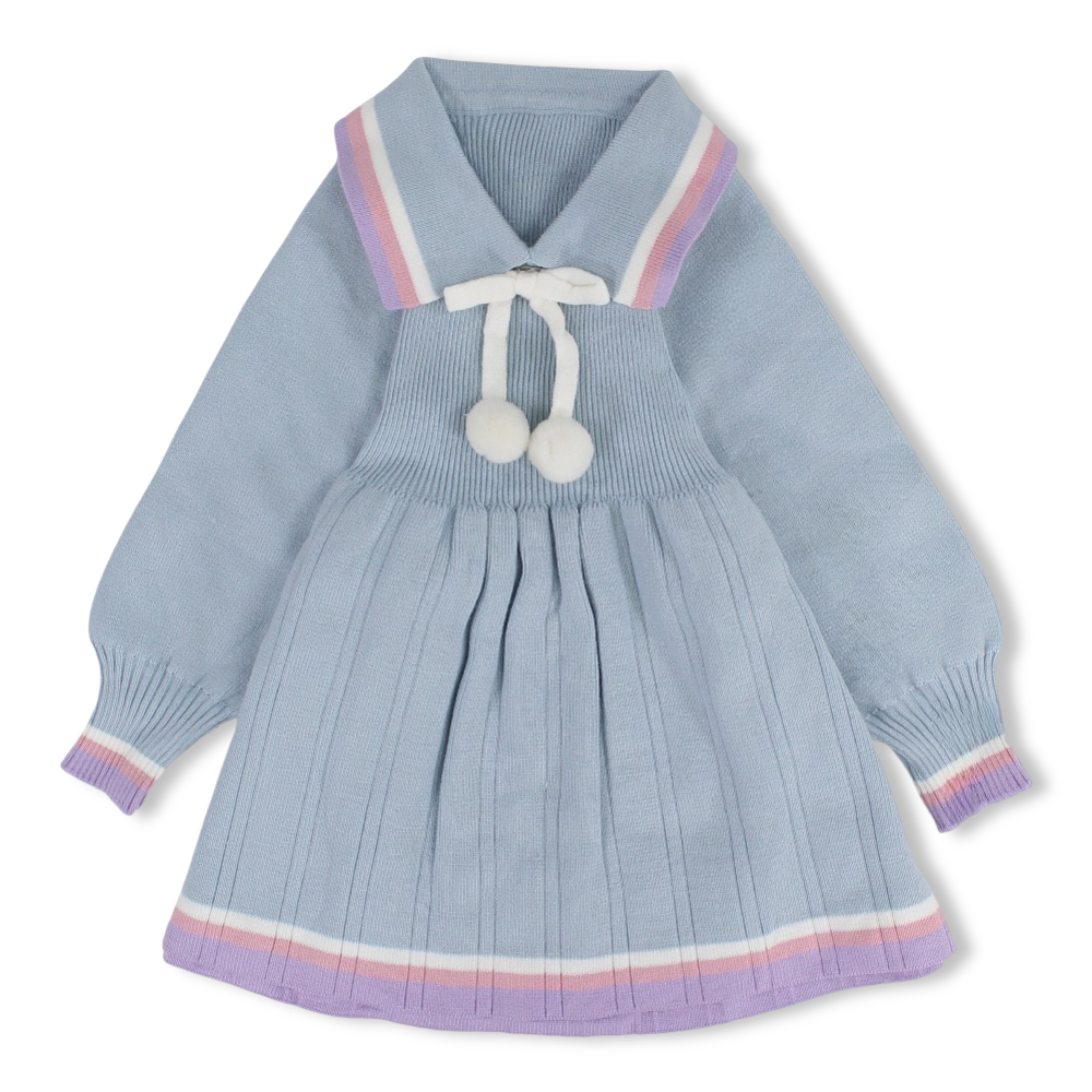 Girls Wool Knit Dress - Baby Blue with Pom-Pom Tie