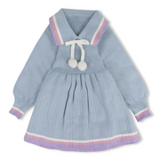Girls Wool Knit Dress - Baby Blue with Pom-Pom Tie