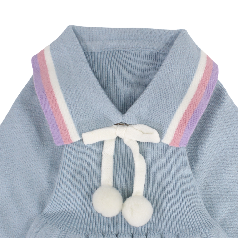 Girls Wool Knit Dress - Baby Blue with Pom-Pom Tie