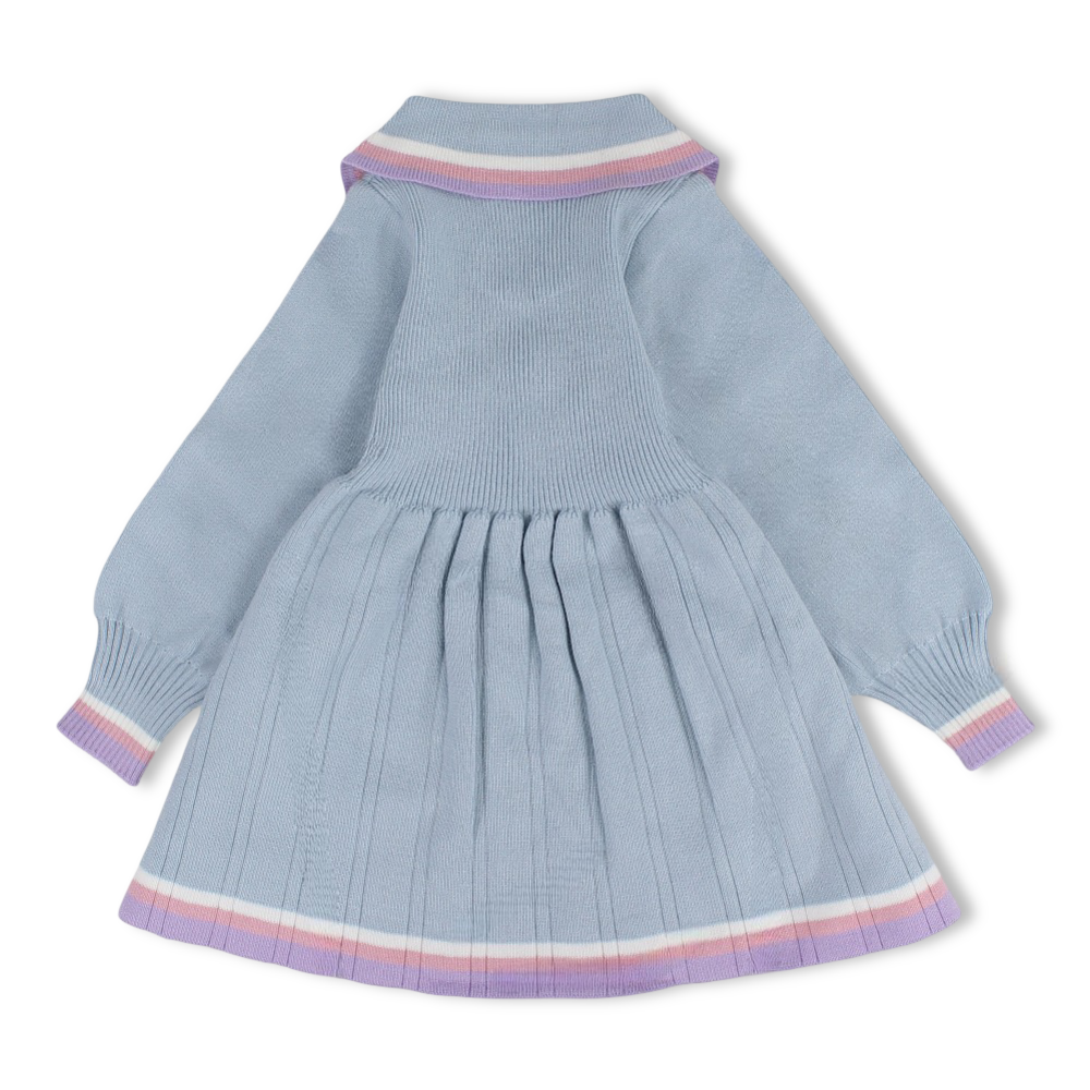 Girls Wool Knit Dress - Baby Blue with Pom-Pom Tie