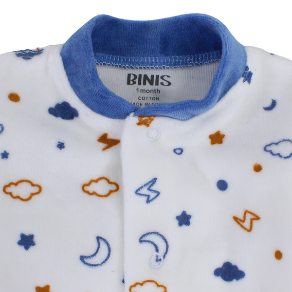 Baby Boys Velvet Baby Footie – Off-White with Crescent Moons, Stars, Clouds Print