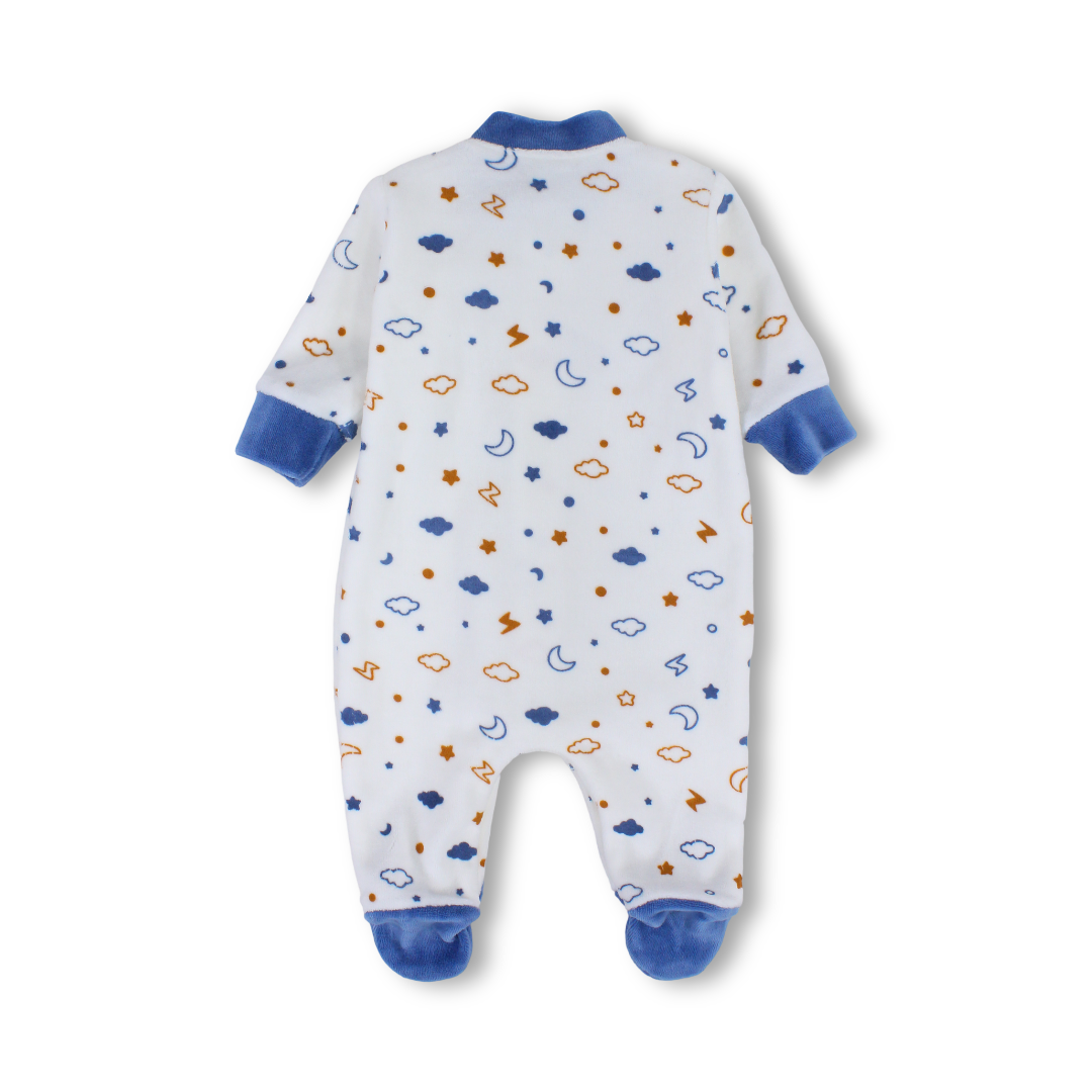 Baby Boys Velvet Baby Footie – Off-White with Crescent Moons, Stars, Clouds Print