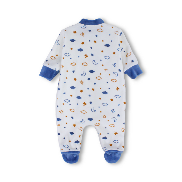 Baby Boys Velvet Baby Footie – Off-White with Crescent Moons, Stars, Clouds Print
