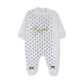 Baby Girls Velvet Baby Footie – White with "Bonjour" Polka-Dot Pattern