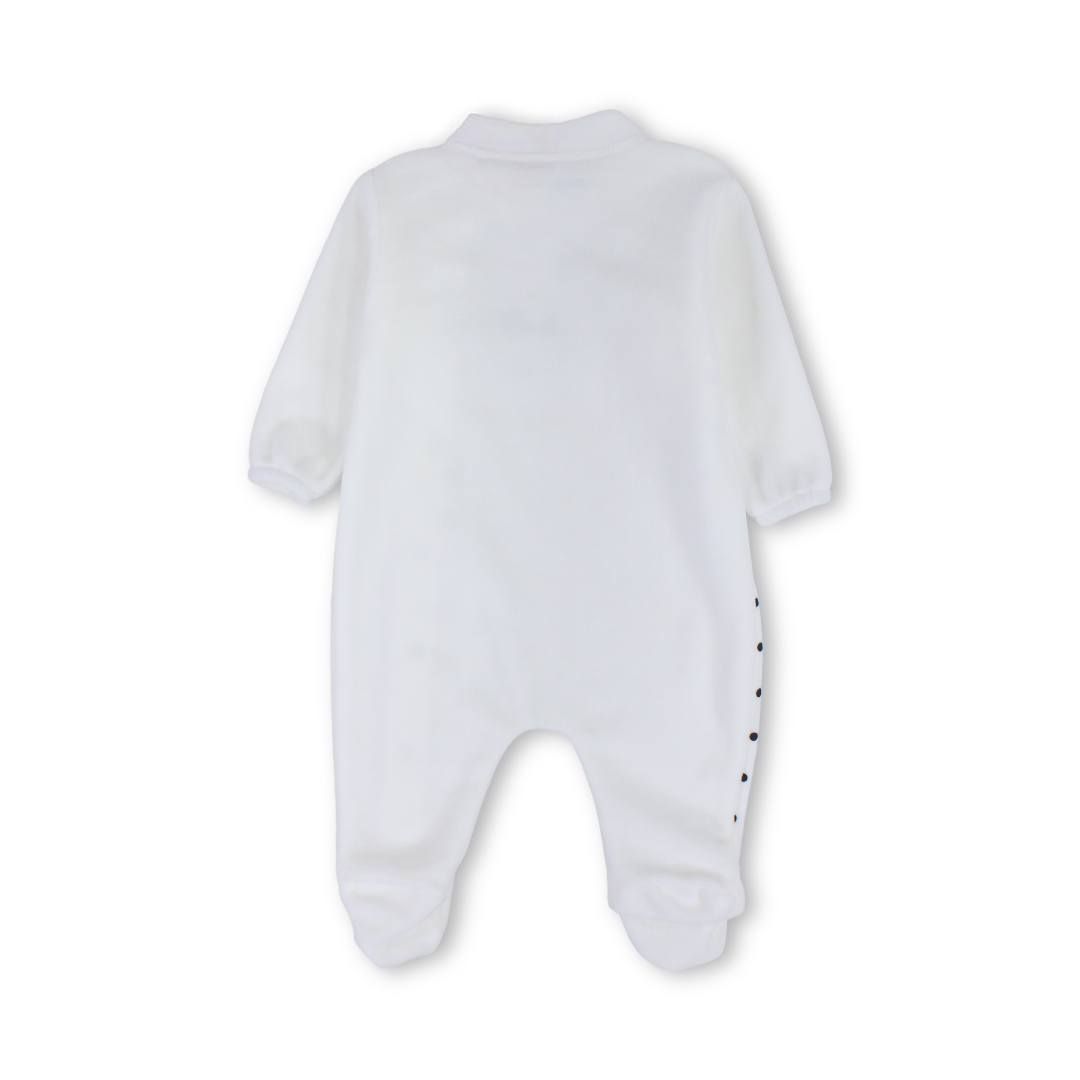 Baby Girls Velvet Baby Footie – White with "Bonjour" Polka-Dot Pattern