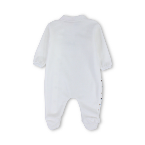 Baby Girls Velvet Baby Footie – White with "Bonjour" Polka-Dot Pattern
