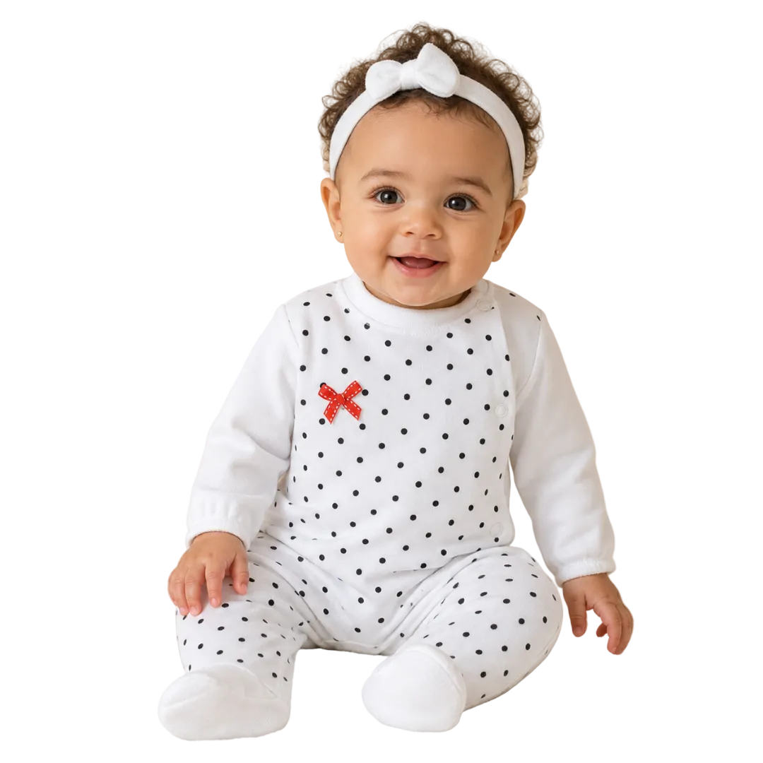 Baby Girls Velvet Baby Footie Onesie – White with Red Bow Design