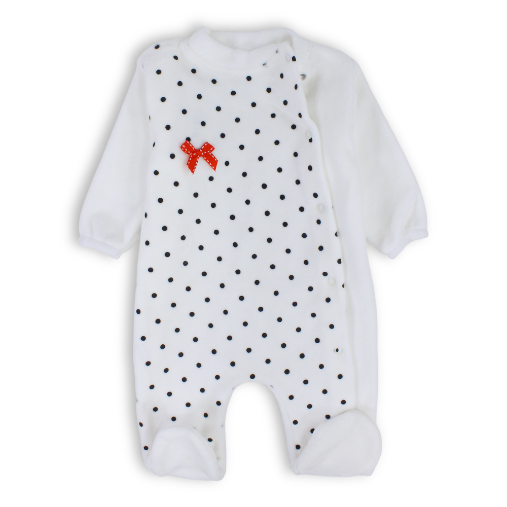 Baby Girls Velvet Baby Footie Onesie – White with Red Bow Design