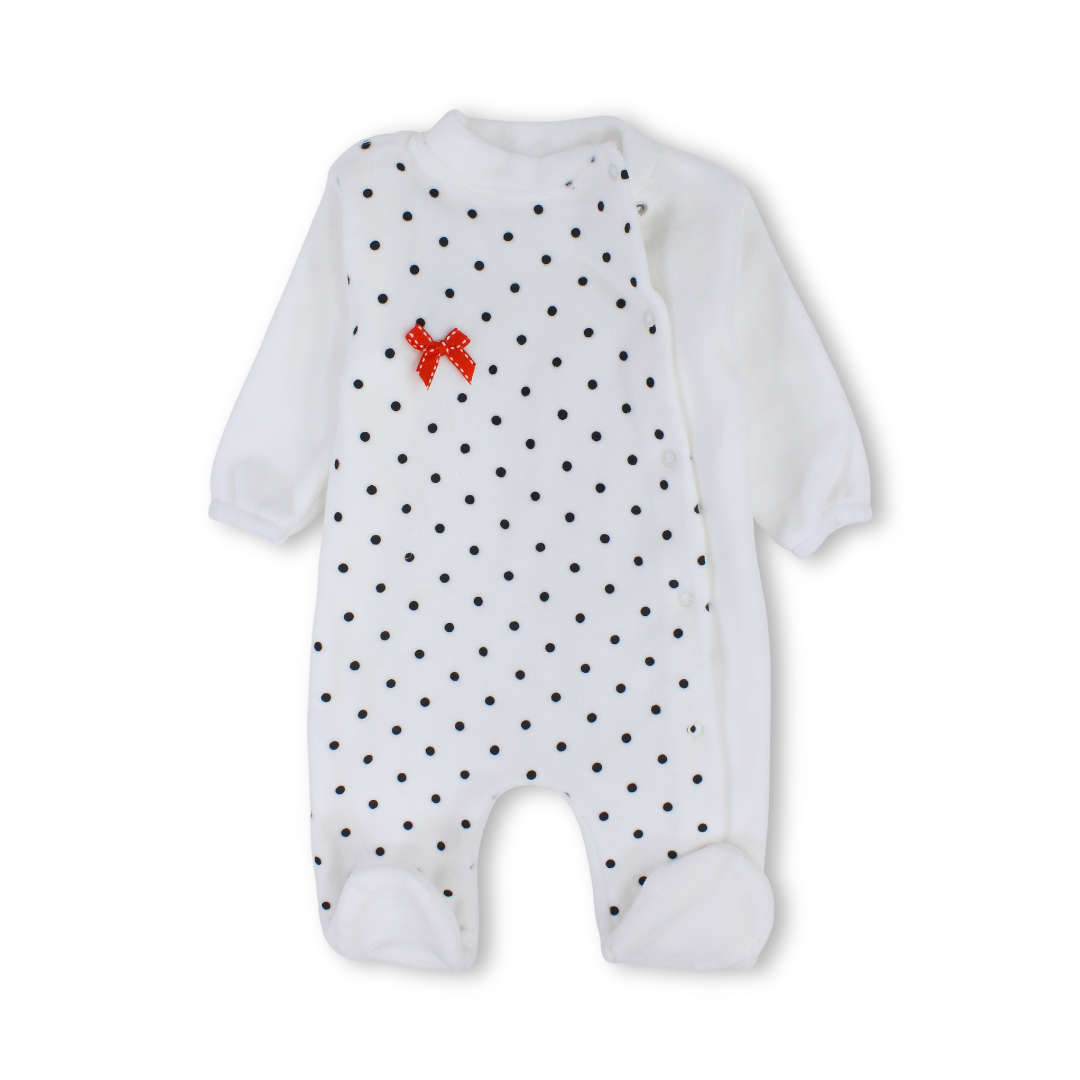 Baby Girls Velvet Baby Footie Onesie – White with Red Bow Design