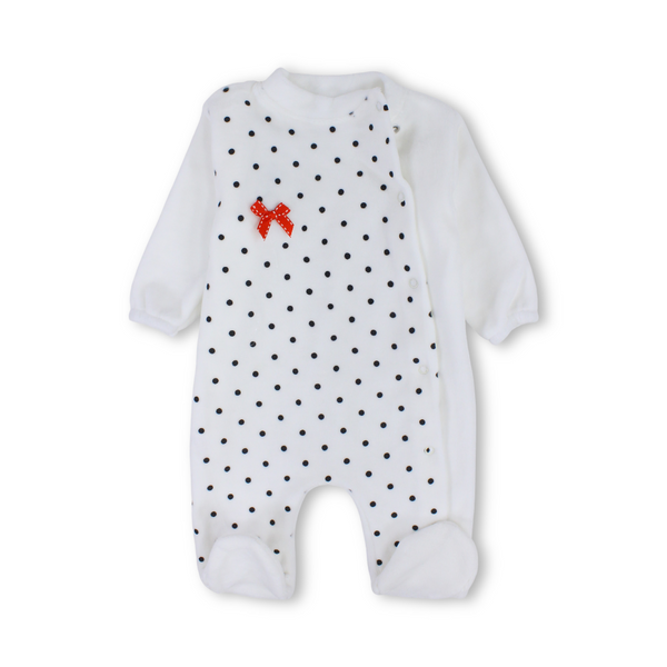 Baby Girls Velvet Baby Footie Onesie – White with Red Bow Design