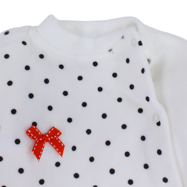 Baby Girls Velvet Baby Footie Onesie – White with Red Bow Design