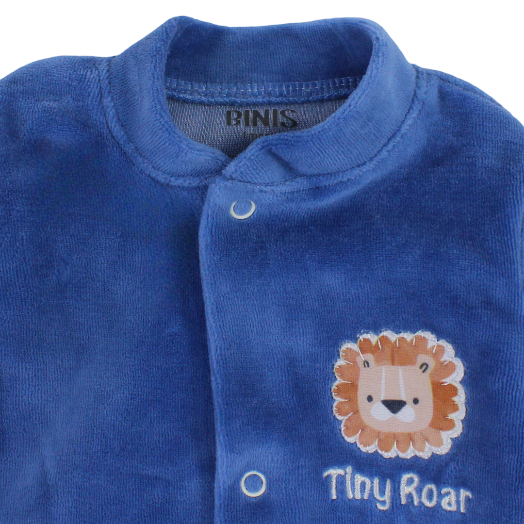 Baby Boys Velvet Baby Footie – Indigo with "Tiny Roar" Embroidery