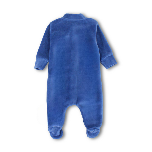 Baby Boys Velvet Baby Footie – Indigo with "Tiny Roar" Embroidery