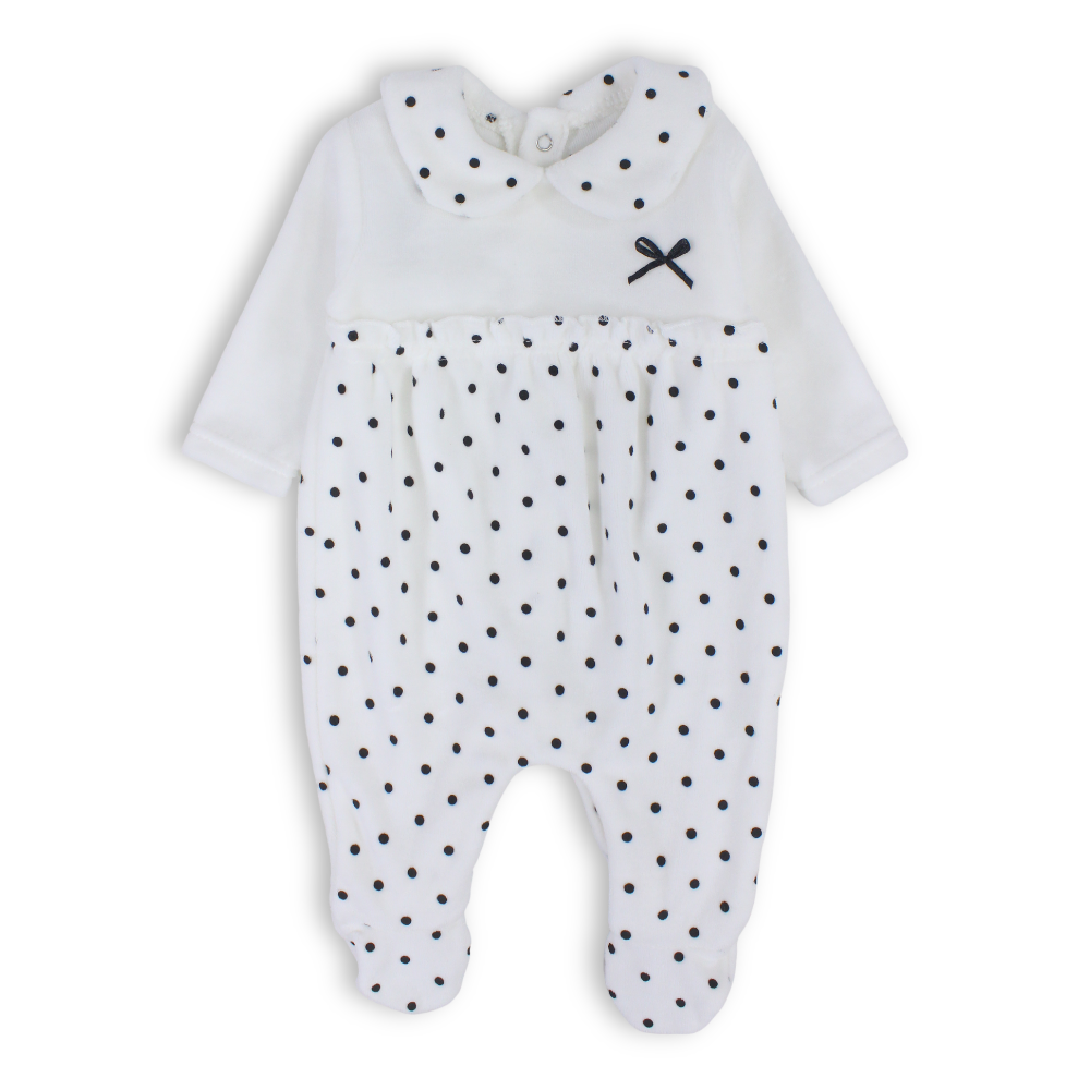 Baby Girls Velvet Baby Footie Onesie – White with Black Bow Design