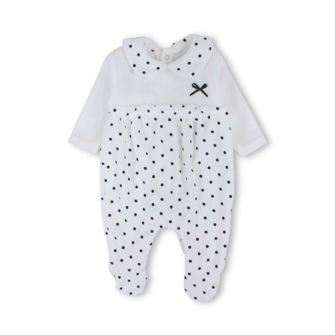 Baby Girls Velvet Baby Footie Onesie – White with Black Bow Design