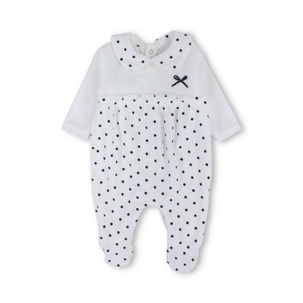 Baby Girls Velvet Baby Footie Onesie – White with Black Bow Design