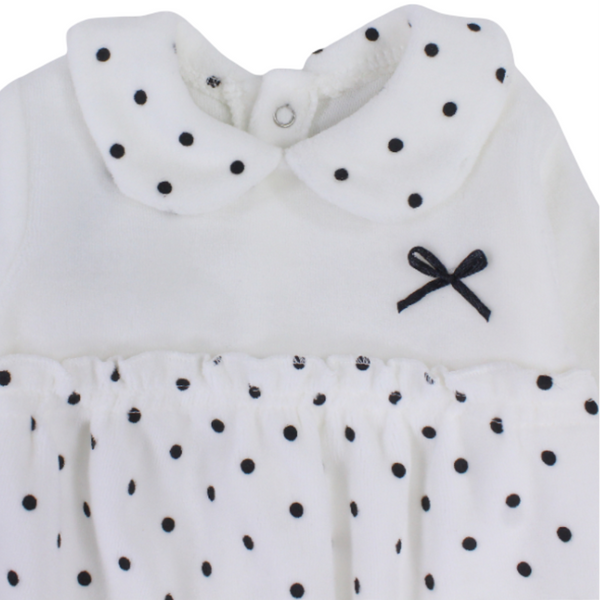 Baby Girls Velvet Baby Footie Onesie – White with Black Bow Design