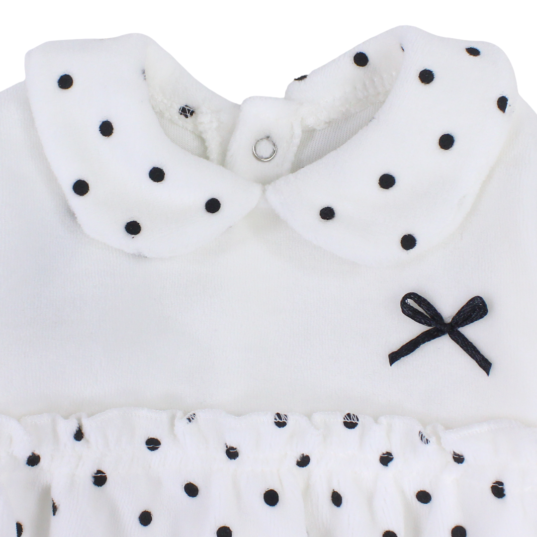 Baby Girls Velvet Baby Footie Onesie – White with Black Bow Design