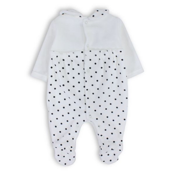 Baby Girls Velvet Baby Footie Onesie – White with Black Bow Design