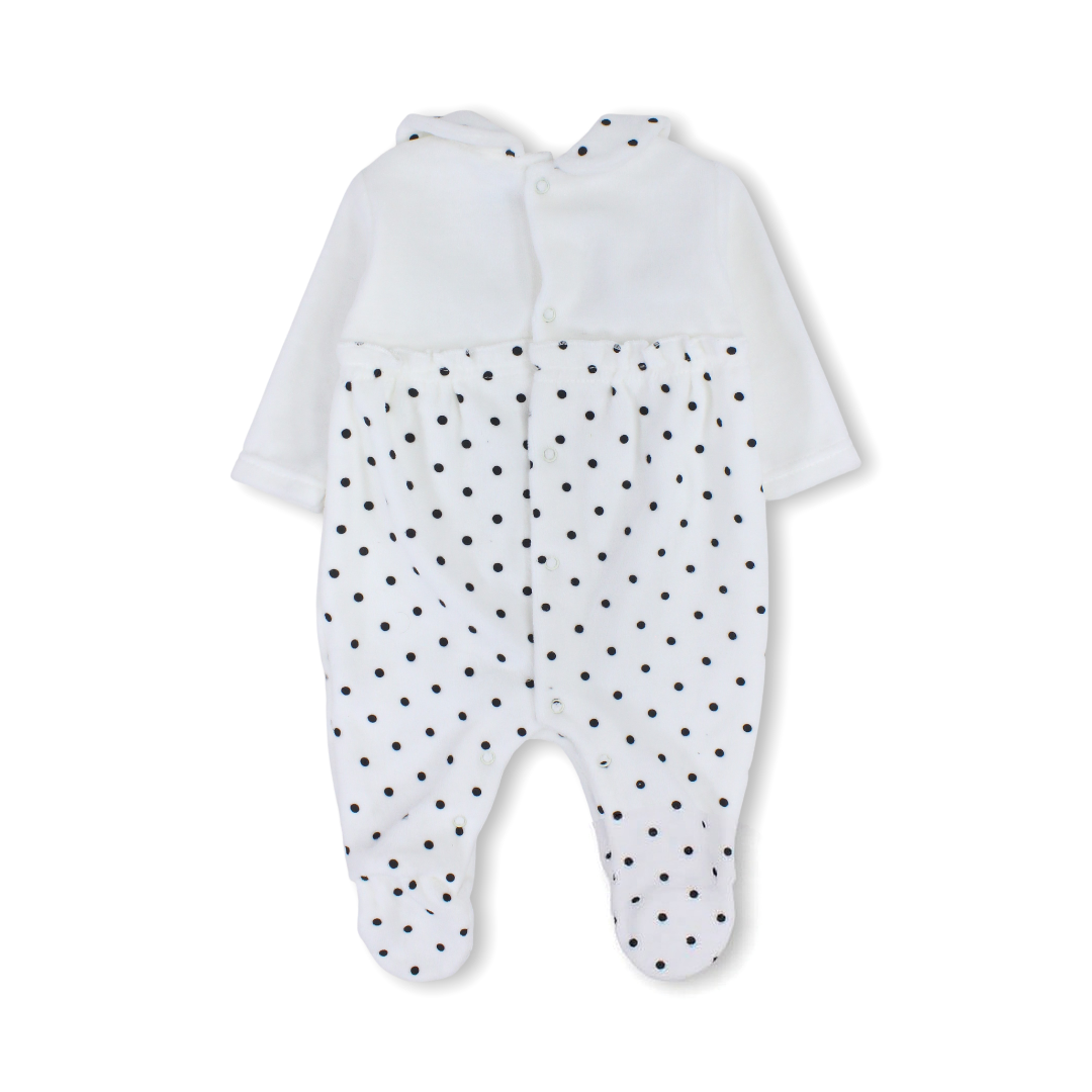 Baby Girls Velvet Baby Footie Onesie – White with Black Bow Design