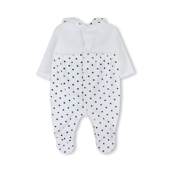 Baby Girls Velvet Baby Footie Onesie – White with Black Bow Design