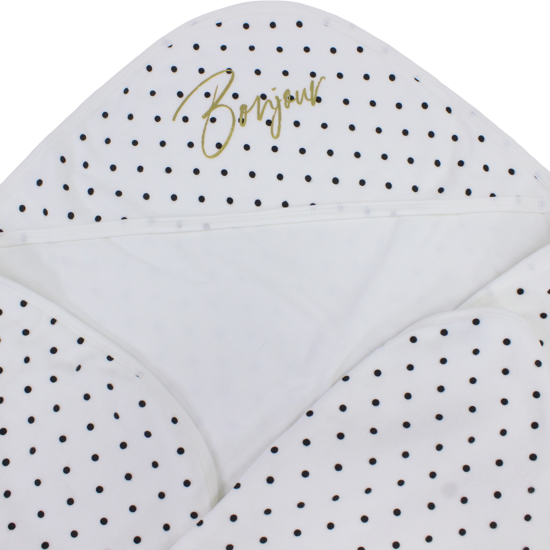 Cotton Baby Blanket – White with "Bonjour" Polka-Dot Pattern