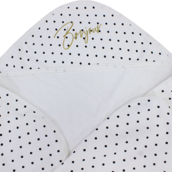 Cotton Baby Blanket – White with "Bonjour" Polka-Dot Pattern