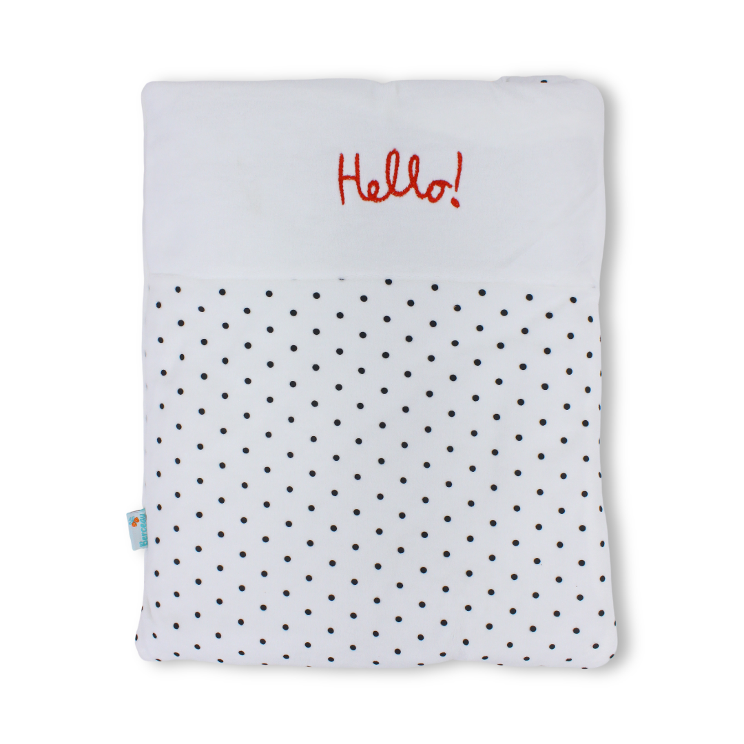 Velvet Baby Blanket – White with "Hello" Polka-Dot Pattern
