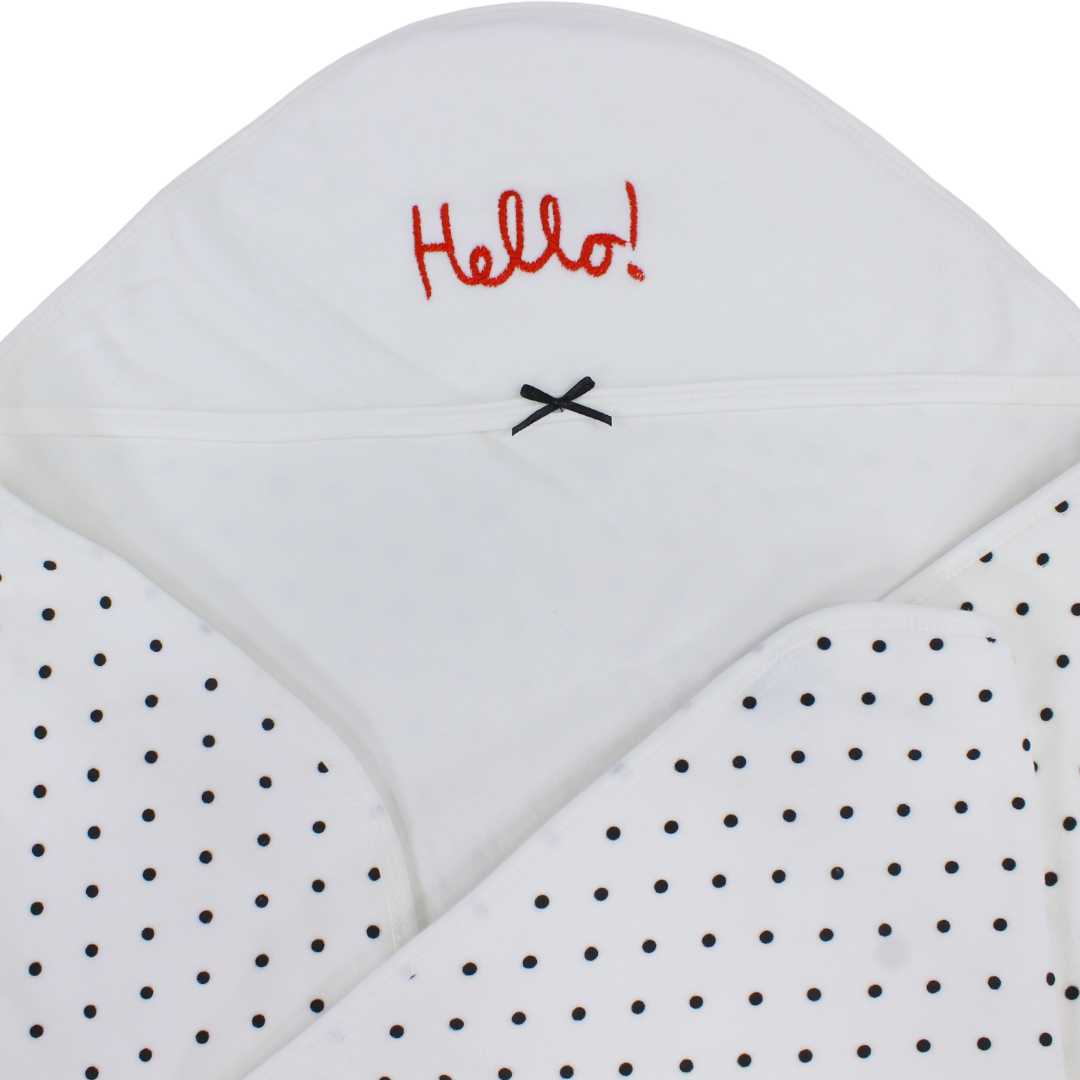 Cotton Baby Blanket – White with "Hello" Polka-Dot Pattern