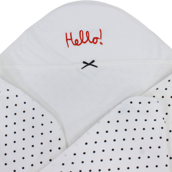 Cotton Baby Blanket – White with "Hello" Polka-Dot Pattern