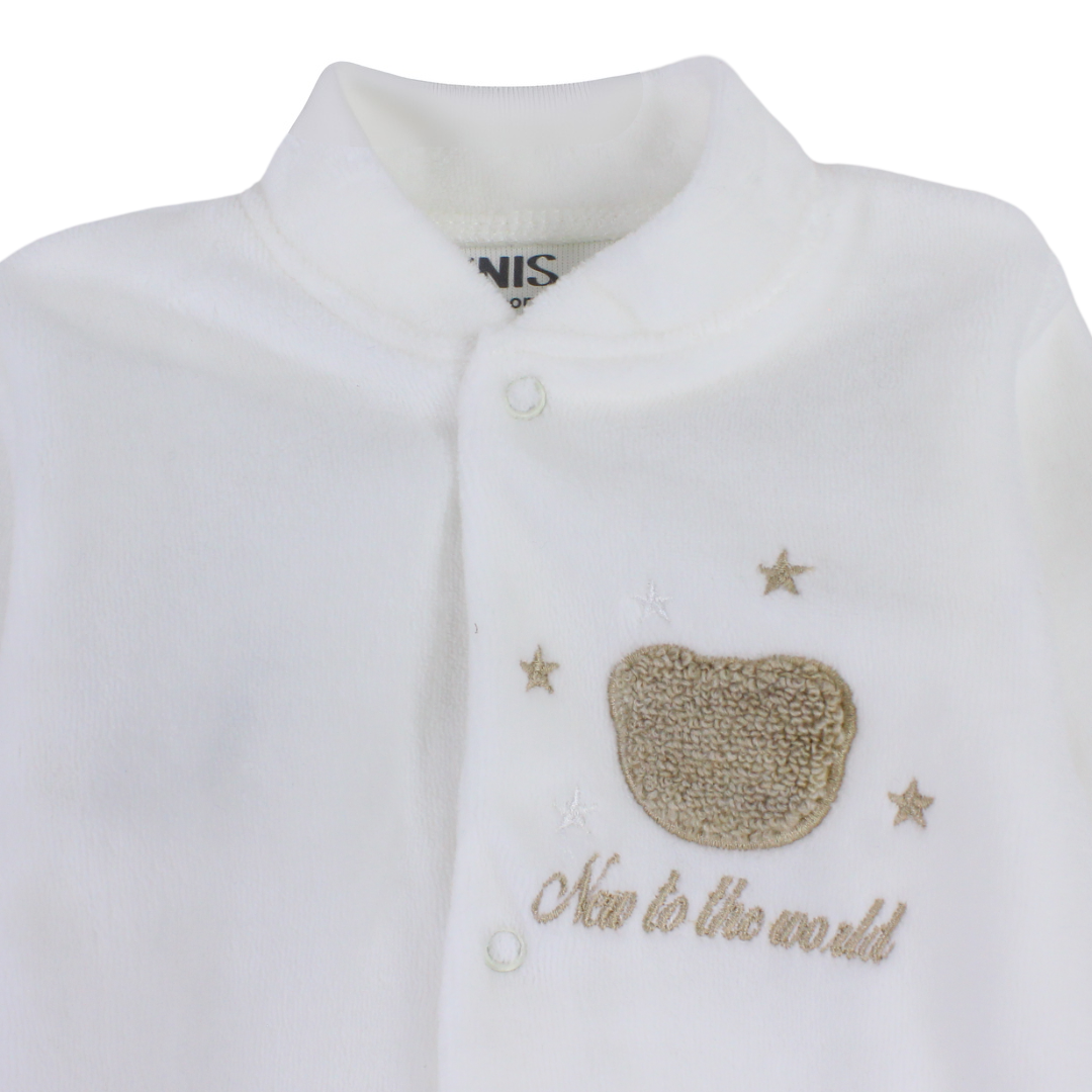 Unisex Baby Velvet Baby Footie – Off-White with "New to The World" Embroidery