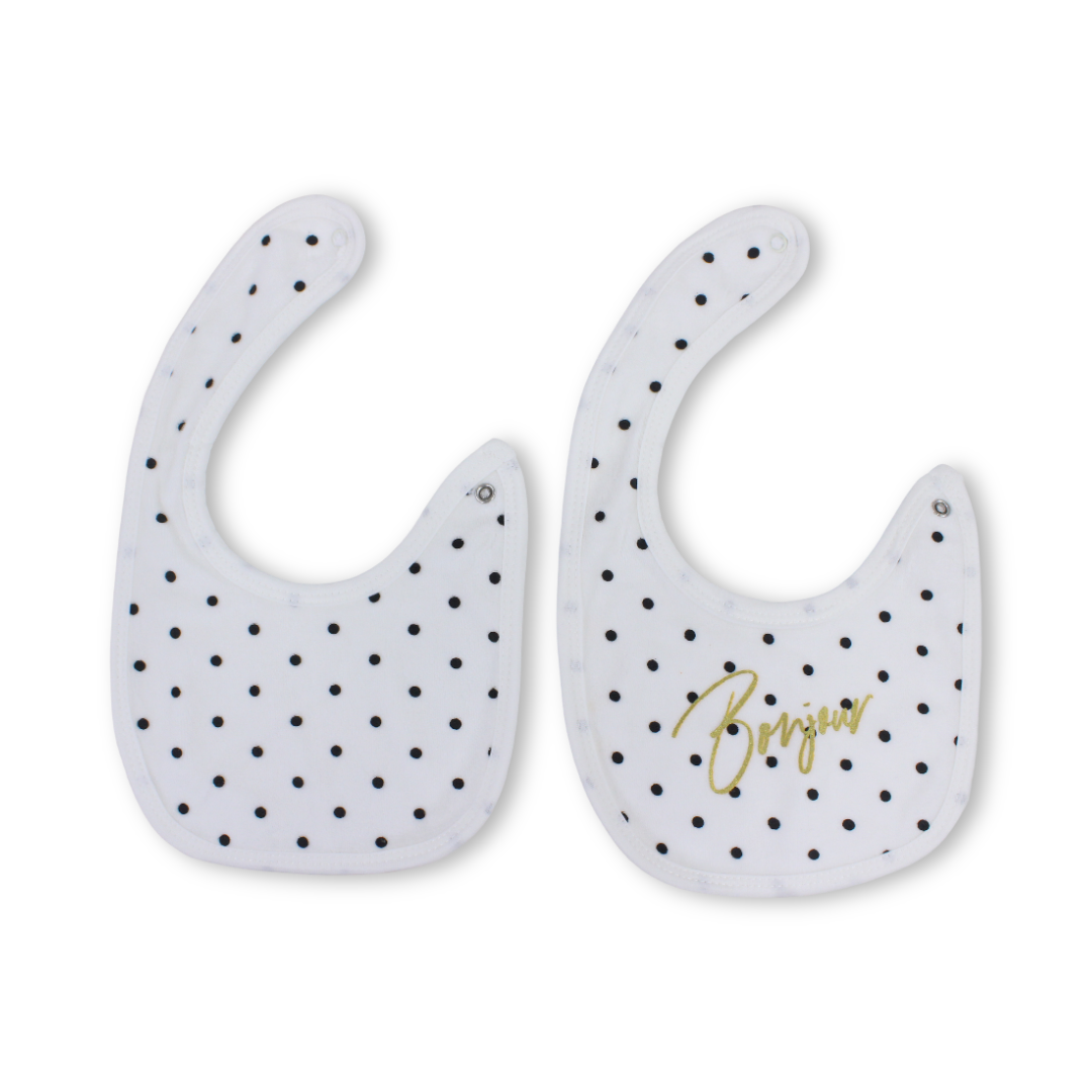 Velvet Baby Bib – White with "Bonjour" Polka-Dot Pattern