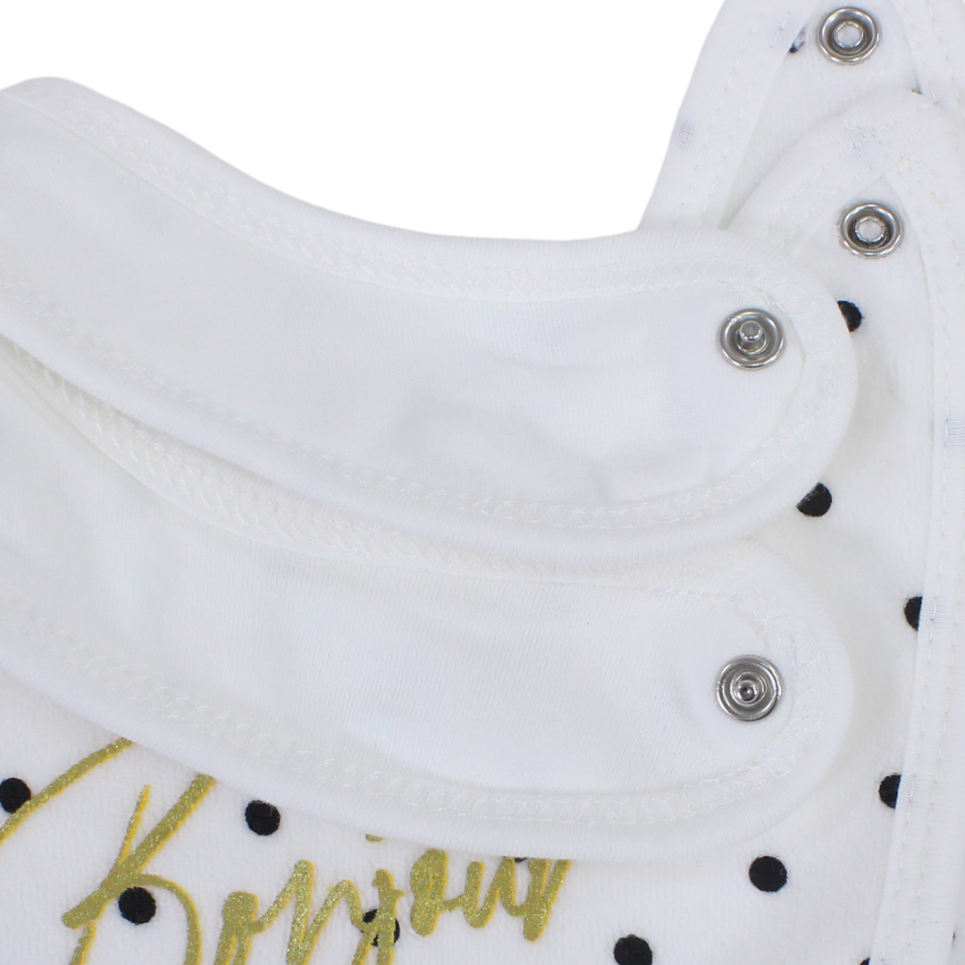 Velvet Baby Bib – White with "Bonjour" Polka-Dot Pattern