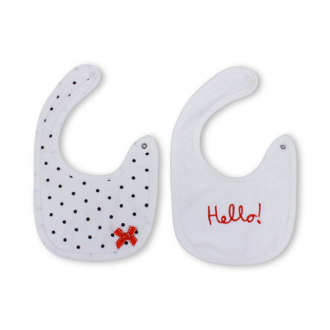 Velvet Cotton Baby Bib – White with "Hello" Polka-Dot Pattern