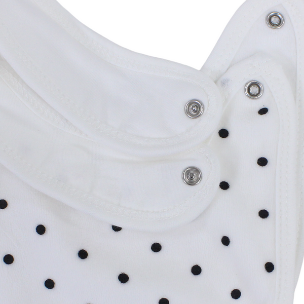 Velvet Cotton Baby Bib – White with "Hello" Polka-Dot Pattern