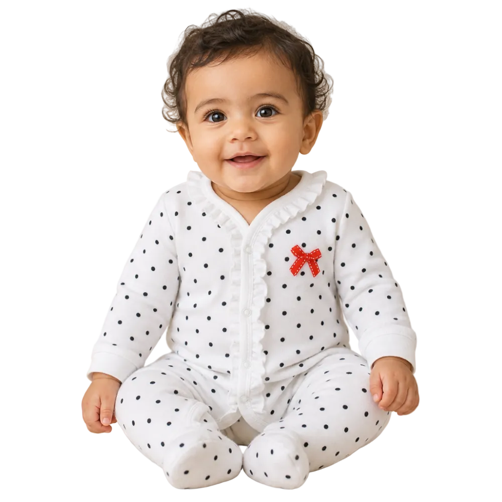 Baby Girls Velvet Baby Footie – Red Bow Ruffled Design
