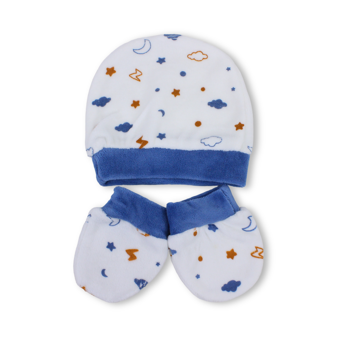Baby Boys Velvet (Beanie & Hand Mittens) – White with Crescent Moons, Stars, Clouds Print