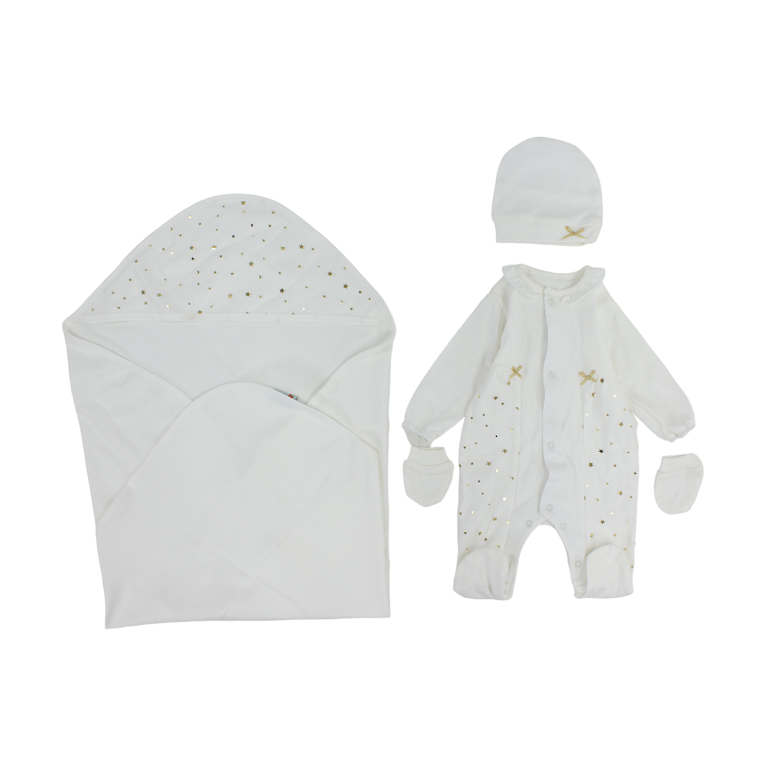 Unisex Baby Cotton Gift Clothes Box – Off-White with Golden Stars Design 4 Pcs (0-3m) - Berceau