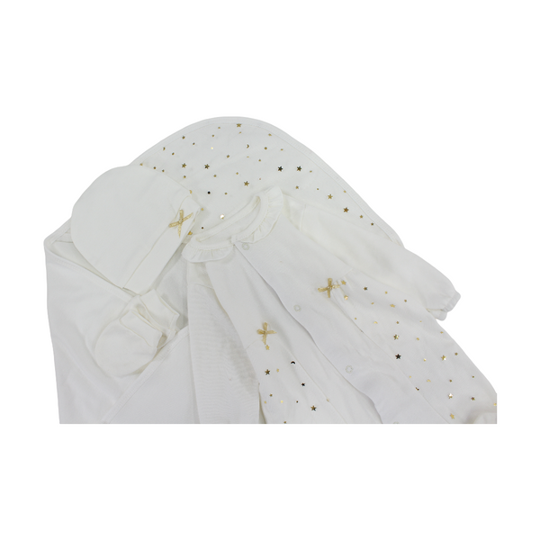 Unisex Baby Cotton Gift Clothes Box – Off-White with Golden Stars Design 4 Pcs (0-3m)