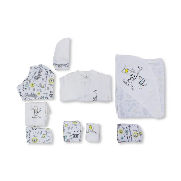 Baby Boys Cotton Gift Clothes Box – Off-White with Animals Print (0-3m)