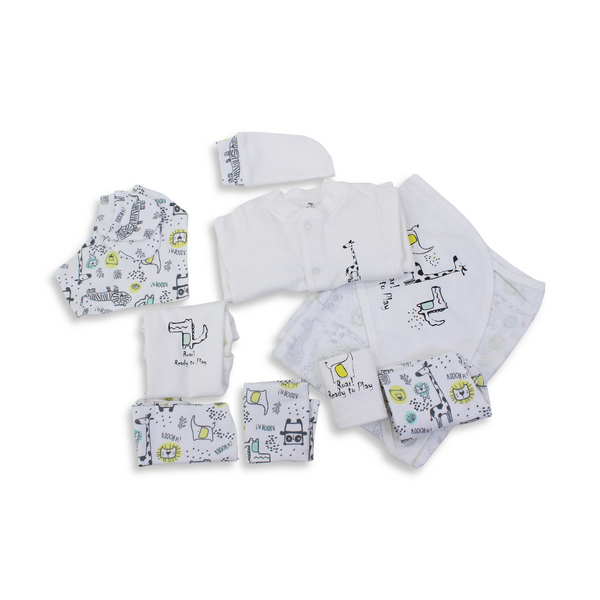 Baby Boys Cotton Gift Clothes Box – Off-White with Animals Print (0-3m)