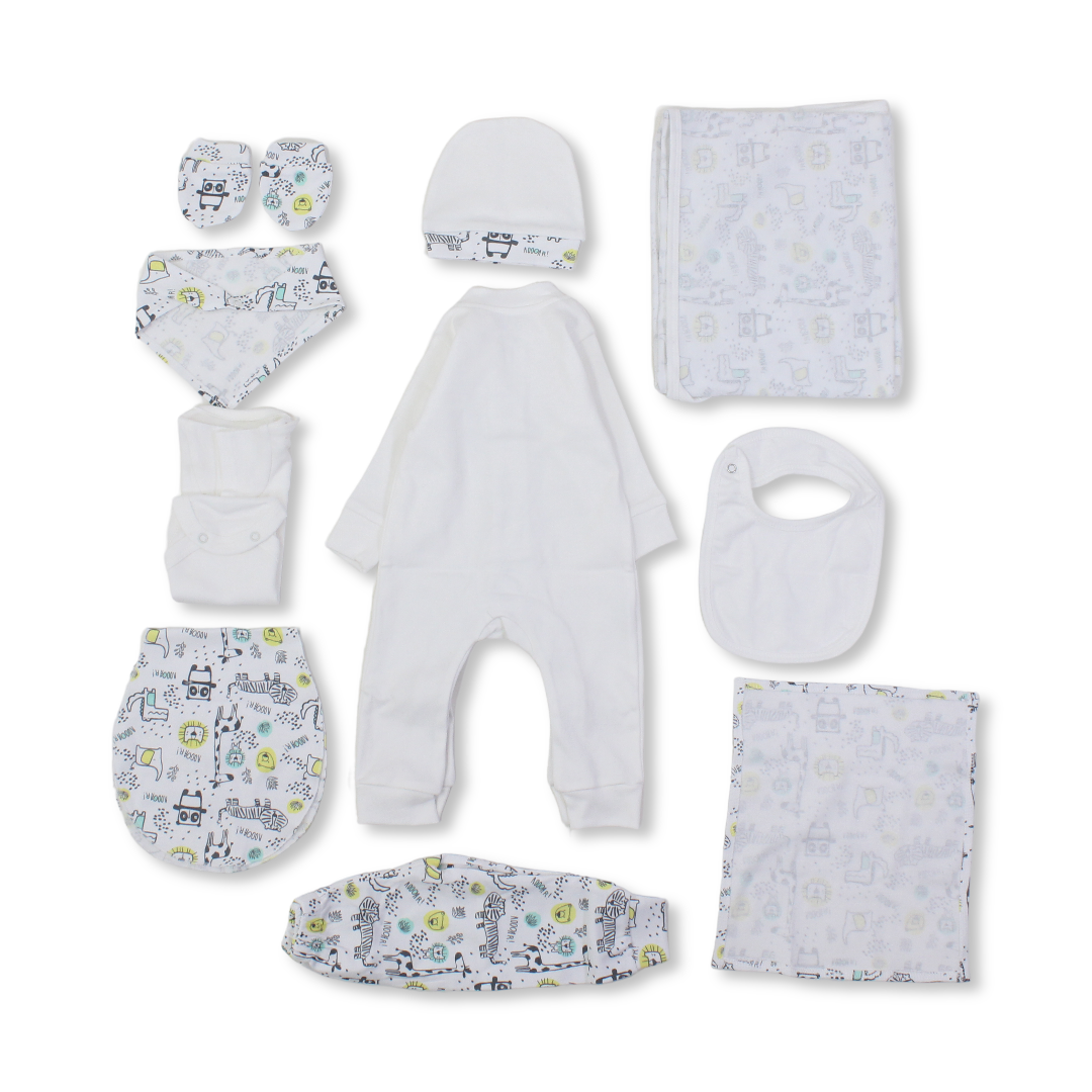 Baby Boys Cotton Gift Clothes Box – Off-White with Animals Print (0-3m) - Clothing - Berceau