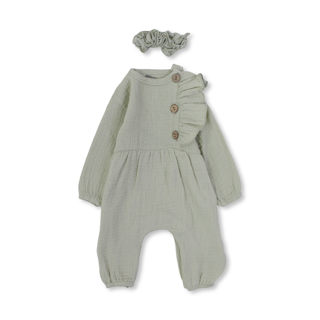 Baby Girls Linen Footless Onesie – with Ruffle and Hair Tie