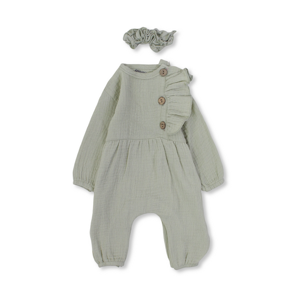 Baby Girls Linen Footless Onesie – with Ruffle and Hair Tie